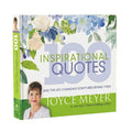 The book '100 Inspirational Quotes' by Joyce Meyer, featuring a white cover decorated with blue and green floral illustrations, a photo of the author, and a green spine.