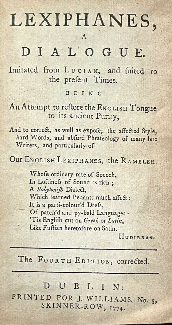 1774 LEXIPHANES, A DIALOGUE - HUMOR, SATIRE, ARCHIBALD CAMPBELL, SAMUEL JOHNSON