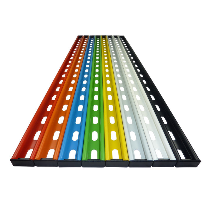 Colourful wall-mount storage rails arranged in a row.
