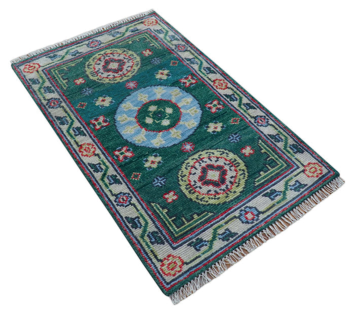 3x5 Hand knotted Traditional Khotan Design Teal Wool Area Rug - The Rug Decor