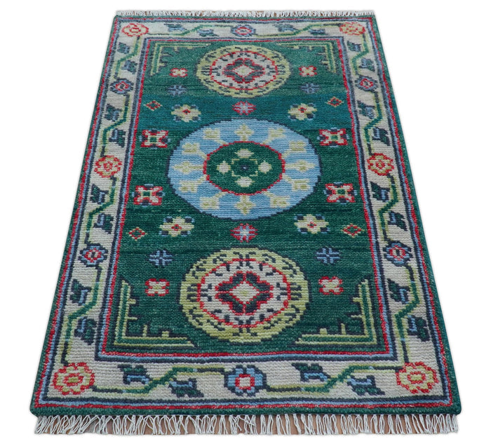 3x5 Hand knotted Traditional Khotan Design Teal Wool Area Rug - The Rug Decor