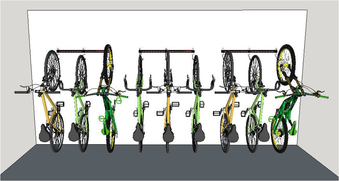 Garage bike storage for 5 bikes - Illustration of 3 x 1M rails fitted in a line. Wall mounting bike storage racks for road bikes, mountain bikes. Rear wheels on the floor.
