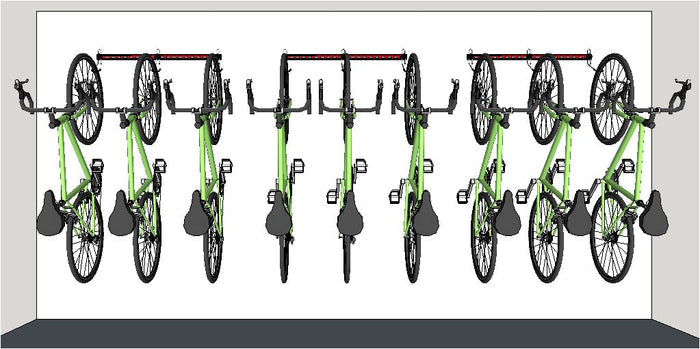 Garage bike storage for 5 bikes - Illustration of 3 x 1M rails fitted in a line. Wall mounting bike storage racks for road bikes mounted off the floor giving a clear floor for easy cleaning.