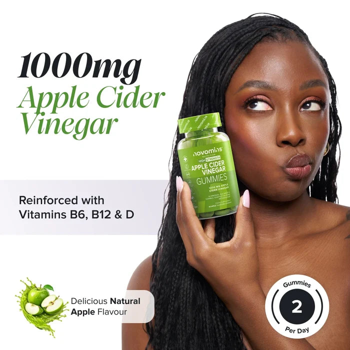 A smiling woman with braided hair holds a bottle of Novomins Apple Cider Vinegar Gummies to her cheek, headed '1000mg Apple Cider Vinegar' reinforced with vitamins B6, B12 and D, in a natural apple flavour with two gummies per day.