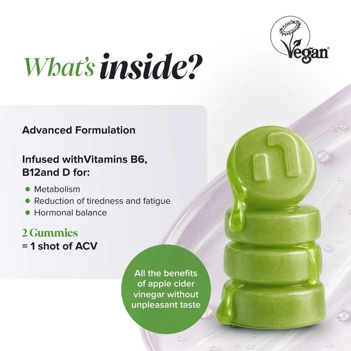 Graphic headed 'What's inside?' with a Vegan Society logo, beside a stack of glossy green gummies, describing an advanced formulation infused with vitamins B6, B12 and D for metabolism, reduction of tiredness and fatigue, and hormonal balance, noting two gummies equal one shot of apple cider vinegar with all the benefits and none of the unpleasant taste.