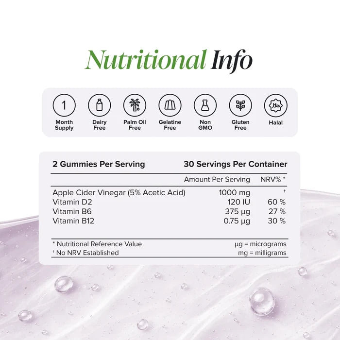 Nutritional information panel for Apple Cider Vinegar Gummies showing two gummies per serving and 30 servings per container, with apple cider vinegar at 5% acetic acid 1000 mg, vitamin D2 120 IU, vitamin B6 375 micrograms and vitamin B12 0.75 micrograms, plus badges for one month supply, dairy free, palm oil free, gelatine free, non GMO, gluten free and halal.