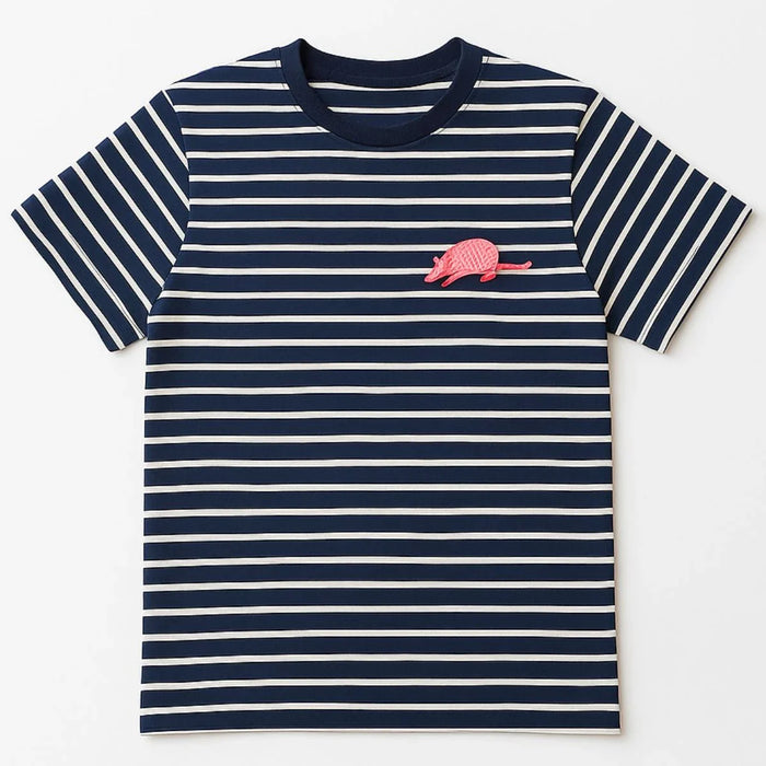 Navy and white striped t-shirt with a pink logo on a white background