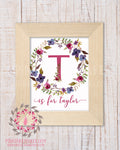 Baby Monogram Initial Personalized Wall Art Print Initials Birth Announcement Gift Watercolor Woodland Floral Rustic Baby Nursery Home Printable Decor