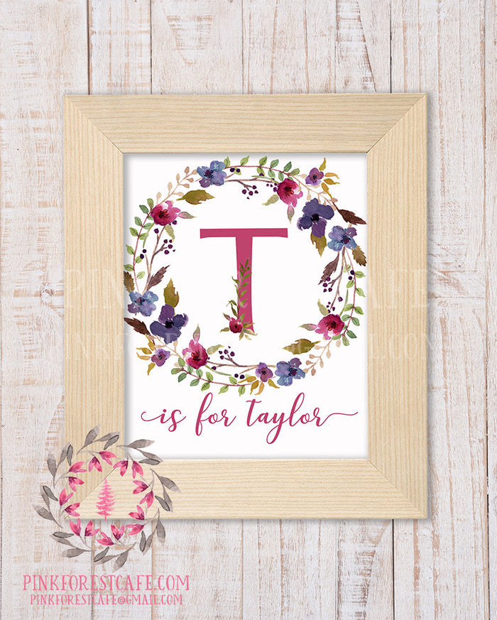 Baby Monogram Initial Personalized Wall Art Print Initials Birth Announcement Gift Watercolor Woodland Floral Rustic Baby Nursery Home Printable Decor