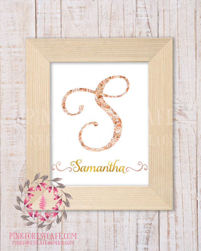 Baby Monogram Initial Personalized Watercolor Boho Floral Nursery Printable Wall Art