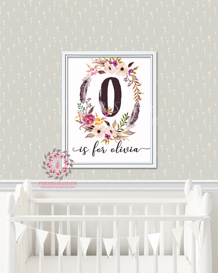 Baby Monogram Initial Personalized Watercolor Woodland Boho Watercolor Floral Nursery Printable Wall Art