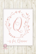 Baby Name Monogram Initial Personalized Nursery Wall Art Print Watercolor Woodland Boho Floral Blush Printable Decor