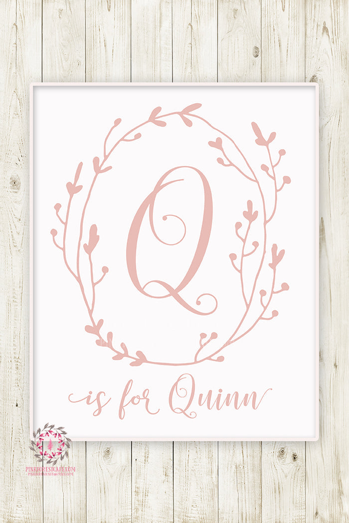 Baby Name Monogram Initial Personalized Nursery Wall Art Print Watercolor Woodland Boho Floral Blush Printable Decor