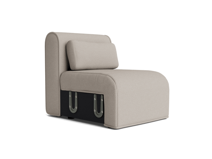 Light grey modular chair with cushioned backrest and visible black base featuring metal brackets. Modern minimalist design.
