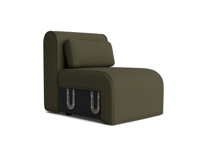 Olive green, armless upholstered chair with a matching back cushion. Compact design featuring dark storage space underneath with metal handles.
