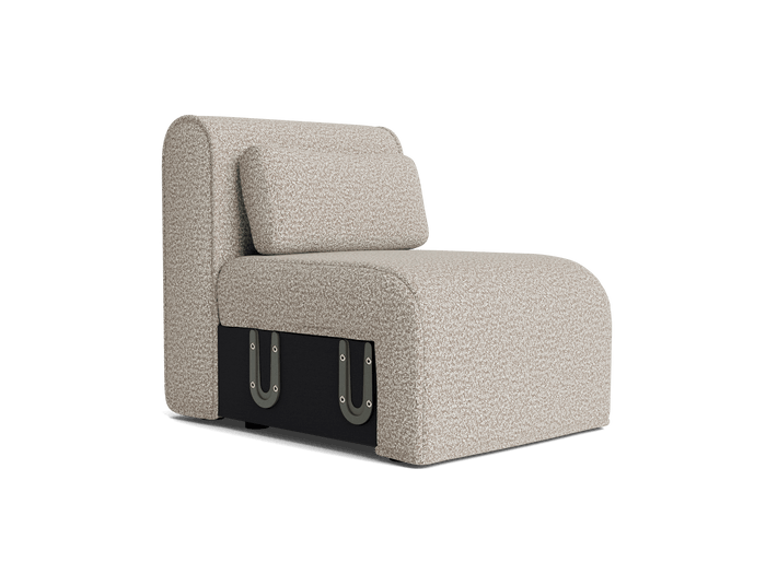 Beige modern modular armless sofa chair with black base and metal brackets. Cushioned backrest and seat. Simple, contemporary design.