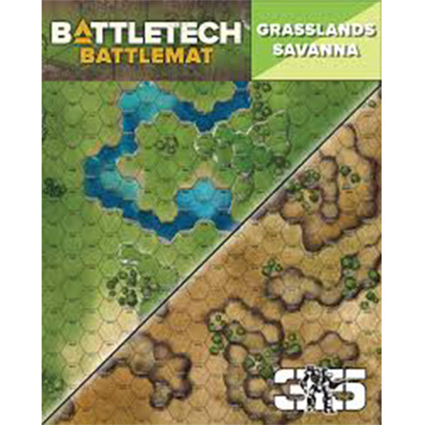 Catalyst Games BattleTech battle mat grasslands terrain with hex grid and water features