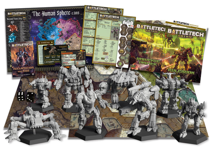 Battletech Gothic tabletop game set with detailed miniature mechs, rulebooks, maps, and game cards by Catalyst Games