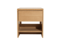 Light brown wood side table with a drawer and an open lower shelf. Simple, modern design.