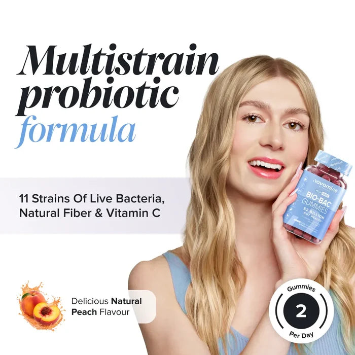 A smiling blonde woman holds a bottle of Novomins Bio-Bac Gummies to her cheek, headed 'Multistrain probiotic formula' with 11 strains of live bacteria, natural fibre and vitamin C, in a natural peach flavour with two gummies per day.