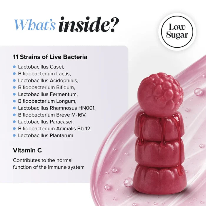 Graphic headed 'What's inside?' with a low sugar badge, beside a stack of glossy raspberry-shaped gummies, listing 11 strains of live bacteria - Lactobacillus casei, Bifidobacterium lactis, Lactobacillus acidophilus, Bifidobacterium bifidum, Lactobacillus fermentum, Bifidobacterium longum, Lactobacillus rhamnosus HN001, Bifidobacterium breve M-16V, Lactobacillus paracasei, Bifidobacterium animalis Bb-12 and Lactobacillus plantarum - plus vitamin C for normal immune system function.