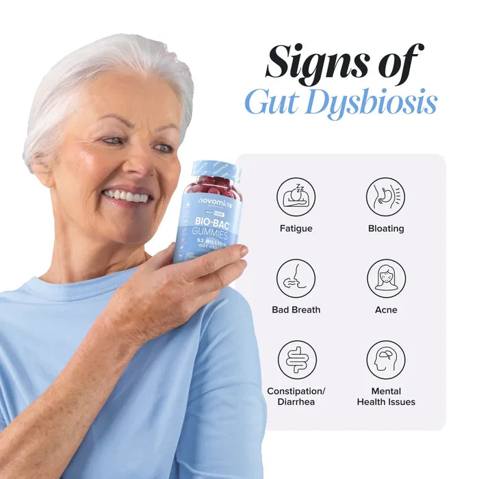 A smiling older woman with white hair in a blue top holds a bottle of Novomins Bio-Bac Gummies, beside the heading 'Signs of Gut Dysbiosis' with icons for fatigue, bloating, bad breath, acne, constipation or diarrhoea, and mental health issues.