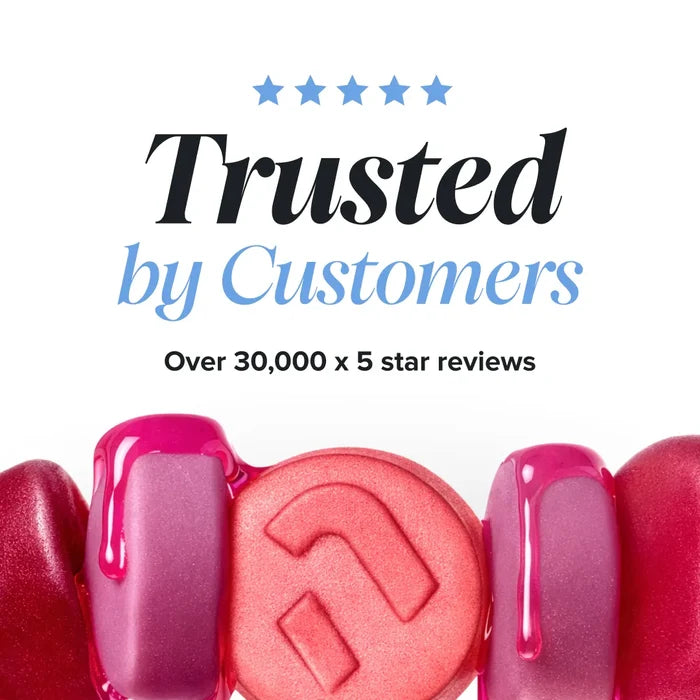A row of glossy pink and red gummies with dripping syrup, beneath a five star rating and the heading 'Trusted by Customers, over 30,000 x 5 star reviews'.