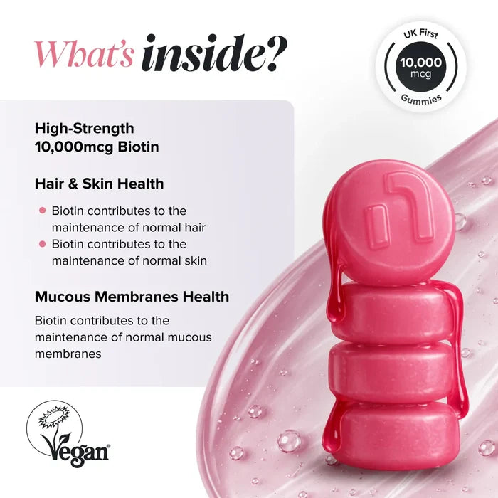 Graphic headed 'What's inside?' with a UK First 10,000 mcg gummies badge and a Vegan Society logo, beside a stack of glossy pink gummies, listing high-strength 10,000 mcg biotin, biotin for maintenance of normal hair and skin, and biotin for maintenance of normal mucous membranes.