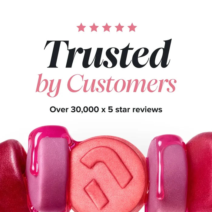 A row of glossy pink and red gummies with dripping syrup, beneath a five star rating and the heading 'Trusted by Customers, over 30,000 x 5 star reviews'.