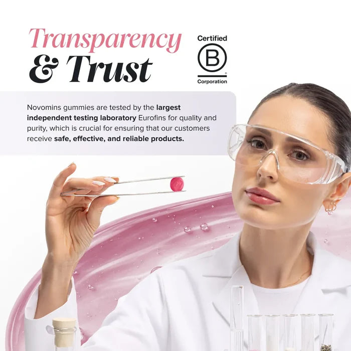 A scientist in a white coat and safety glasses holds a round pink gummy with tweezers beside text headed 'Transparency & Trust', explaining that Novomins gummies are tested by the largest independent testing laboratory Eurofins for quality and purity, with a Certified B Corporation logo.