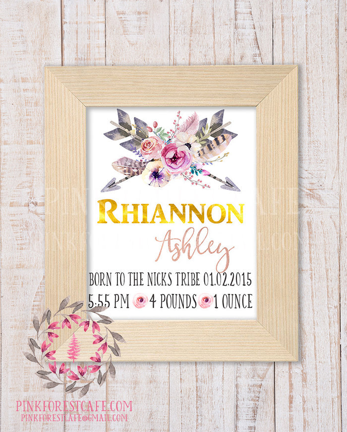 Boho Baby Birth Stats Announcement Tribal Woodland Nursery Room Printable Print Wall Art Decor