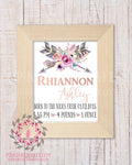 Boho Baby Birth Stats Announcement Tribal Woodland Nursery Room Printable Print Wall Art Decor