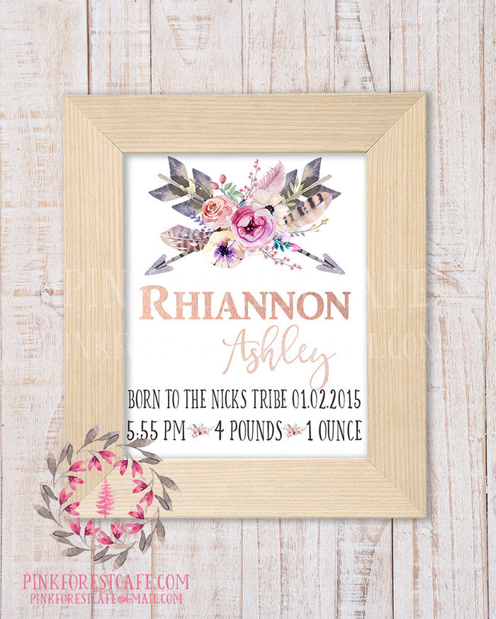 Boho Baby Birth Stats Announcement Tribal Woodland Nursery Room Printable Print Wall Art Decor