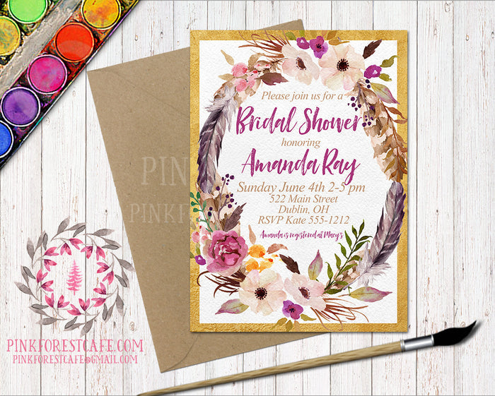 Boho Baby Bridal Shower Birthday Party Invitation Invite Feathers Woodland Watercolor Floral Printable