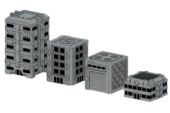 Cross Electric Designs Alpha Strike Small building terrain set 3D printed miniature urban buildings for tabletop gaming