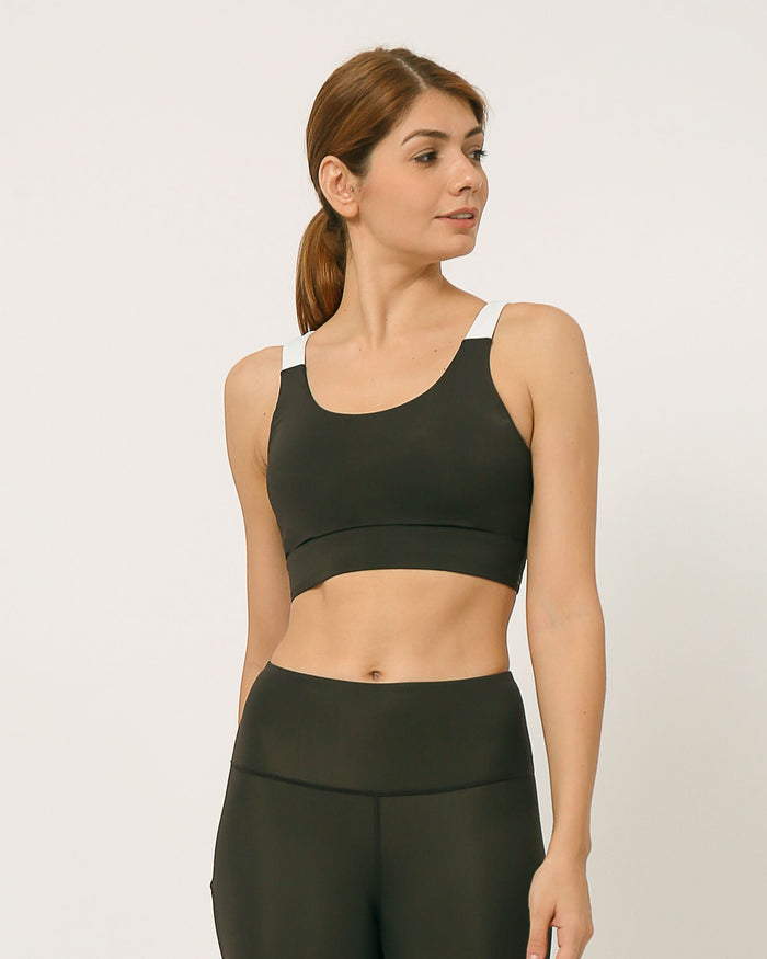 Black sports bra with white stripes and wide band
