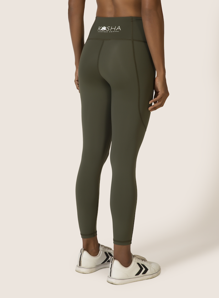 Sustainable activewear made out of recycled materials by Kosha Yoga Co. Squat proof, stretchable leggings for yoga, gym, workouts, running.