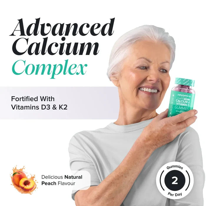 A smiling older woman with white hair holds a bottle of Novomins Calcium & Vitamin D Gummies, headed 'Advanced Calcium Complex' fortified with vitamins D3 and K2, in a natural peach flavour with two gummies per day.