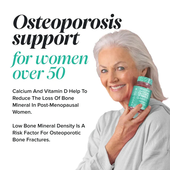 A smiling older woman with white hair holds a bottle of Novomins Calcium & Vitamin D Gummies beside the heading 'Osteoporosis support for women over 50', explaining that calcium and vitamin D help reduce the loss of bone mineral in post-menopausal women and that low bone mineral density is a risk factor for osteoporotic bone fractures.