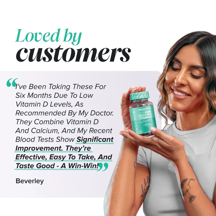 A smiling woman holds a bottle of Novomins Calcium & Vitamin D Gummies beside a review from Beverley headed 'Loved by customers': 'I've been taking these for six months due to low vitamin D levels, as recommended by my doctor. They combine vitamin D and calcium, and my recent blood tests show significant improvement. They're effective, easy to take, and taste good - a win-win!'
