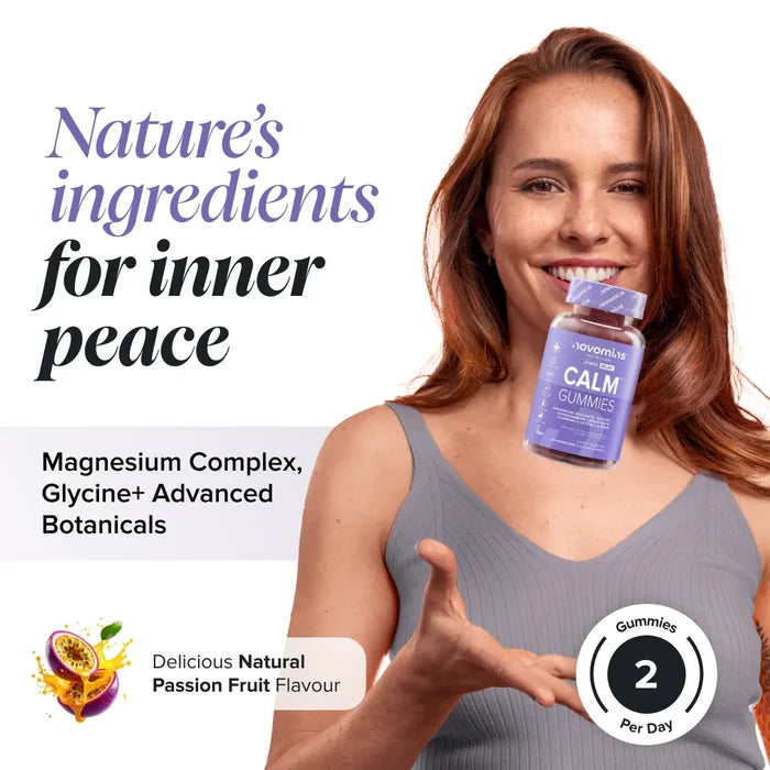 A smiling woman with red hair holds a bottle of Novomins Calm Gummies beside the heading 'Nature's ingredients for inner peace', listing magnesium complex, glycine and advanced botanicals, in a natural passion fruit flavour with two gummies per day.