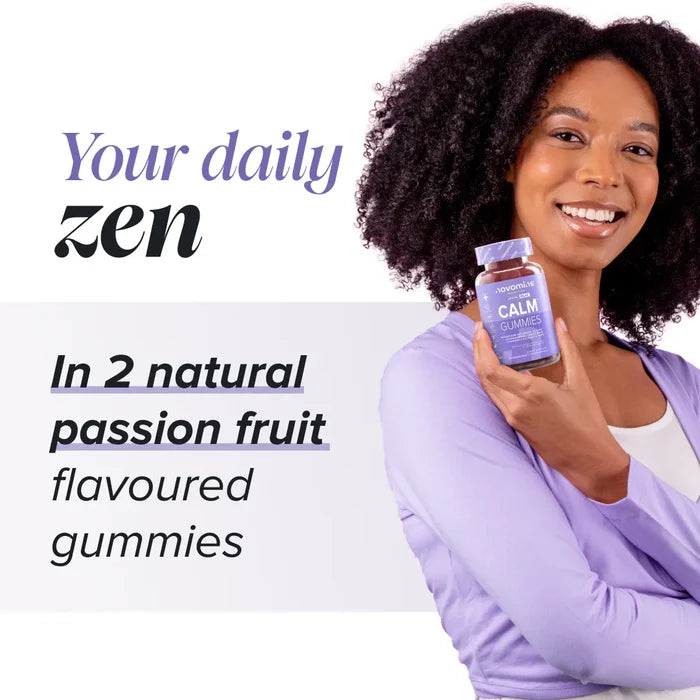 A smiling woman in a lilac cardigan holds a bottle of Novomins Calm Gummies beside the heading 'Your daily zen, in 2 natural passion fruit flavoured gummies'.