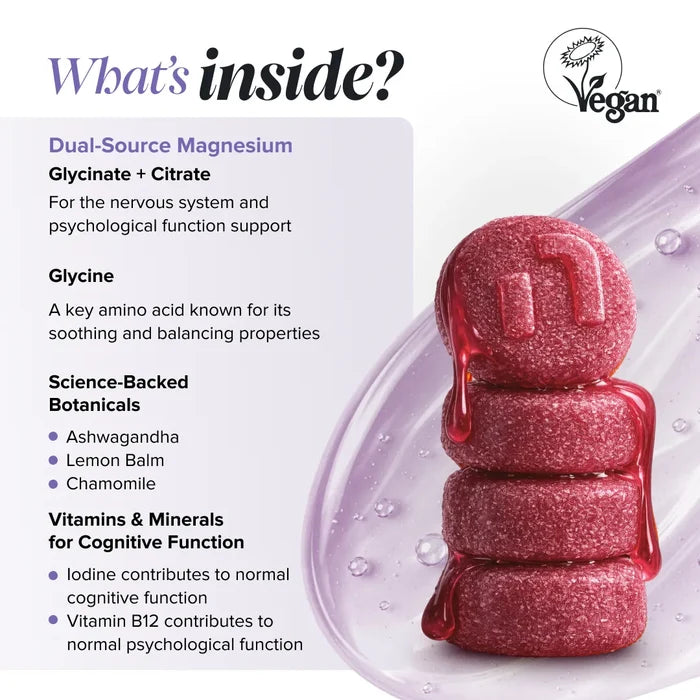 Graphic headed 'What's inside?' beside a stack of dark pink gummies on a lilac gel background, listing dual-source magnesium as glycinate and citrate for nervous system and psychological function, glycine as a soothing amino acid, science-backed botanicals of ashwagandha, lemon balm and chamomile, and iodine and vitamin B12 for cognitive function, with a vegan logo.