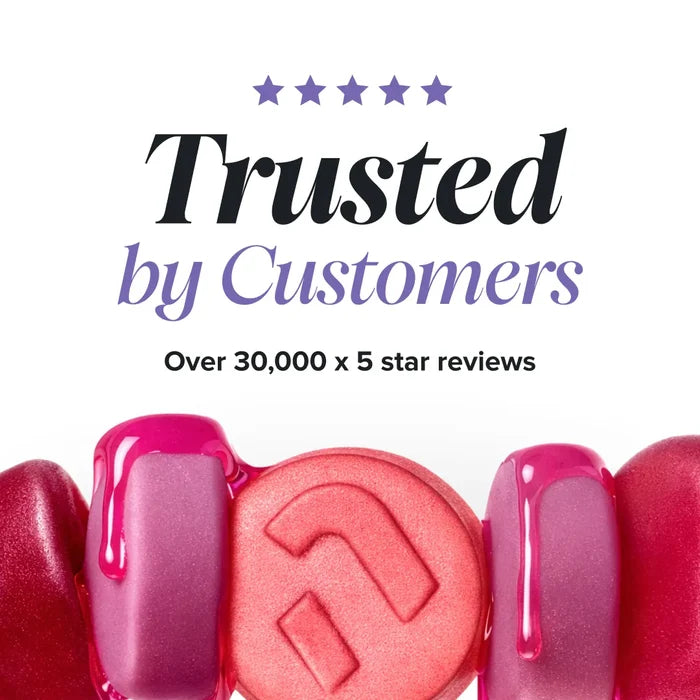 A row of glossy pink and purple gummies with dripping syrup, beneath a five star rating and the heading 'Trusted by Customers, over 30,000 x 5 star reviews'.