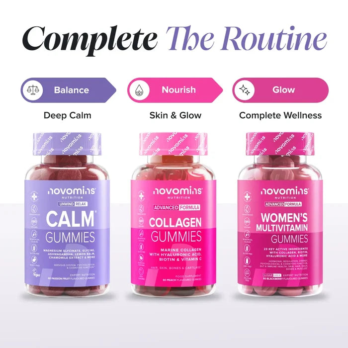 Three bottles headed 'Complete The Routine' - Calm Gummies labelled Balance for deep calm, Collagen Gummies labelled Nourish for skin and glow, and Women's Multivitamin Gummies labelled Glow for complete wellness.