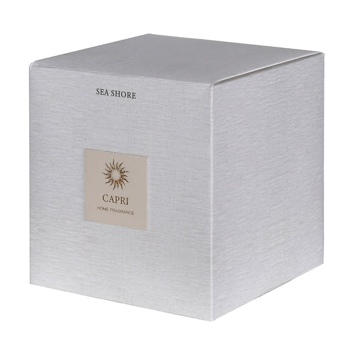 A square silver-gray textured box for CAPRI Home Fragrance, labeled 'SEA SHORE' and 'CAPRI HOME FRAGRANCE', shown on a plain white background.