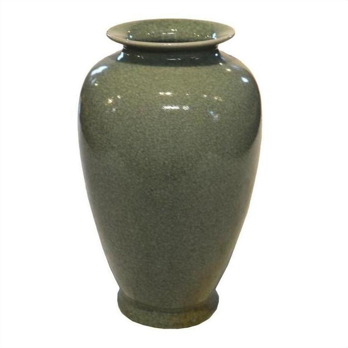 Glossy green crackle celadon porcelain altar vase, tall, on a white background.