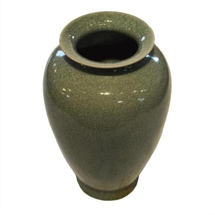 Glossy green crackle celadon porcelain altar vase with wide mouth against a plain white background.