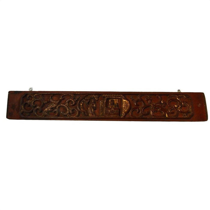 Brown carved wood plaque with swirling patterns and a rectangular center on a plain white background.