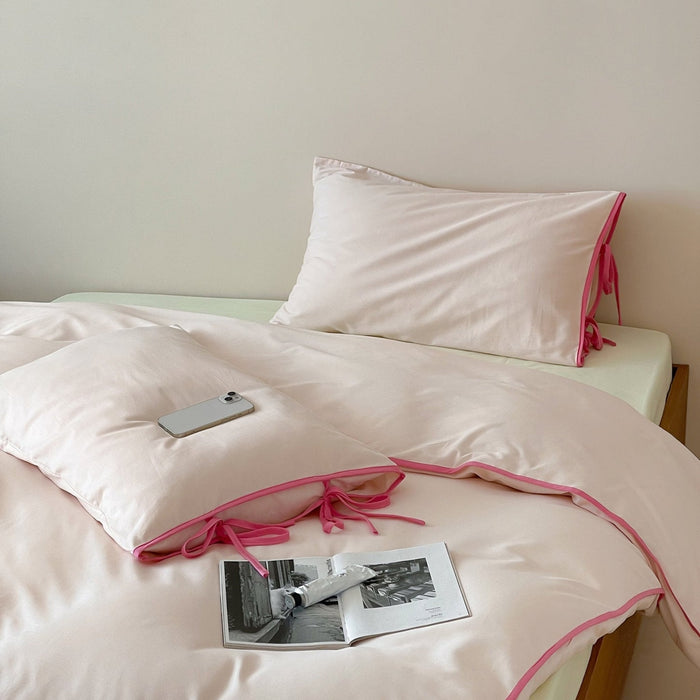 Chloe Minimalist Solid Tie Cotton Bedding Set / Pink with Barbie Pink Ties - Ever Lasting